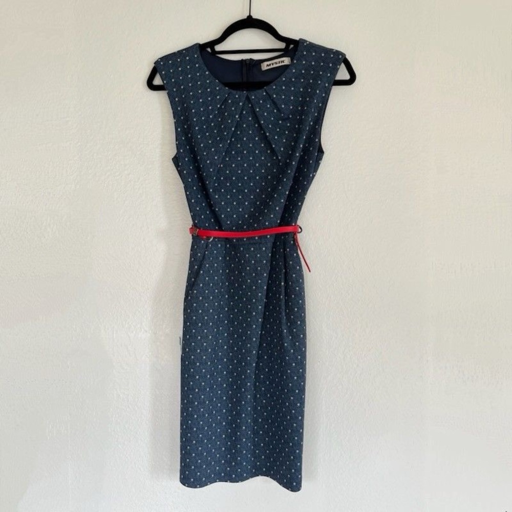 NWOT Mystic Faux Denim with White Polka-Dot Fitted Dress